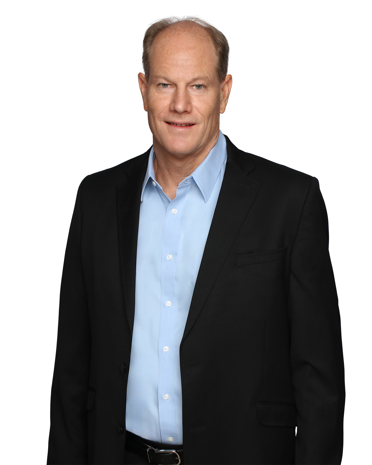 Portrait of a smiling middle-aged man in a black blazer and light blue dress shirt, head-and-shoulders shot.
